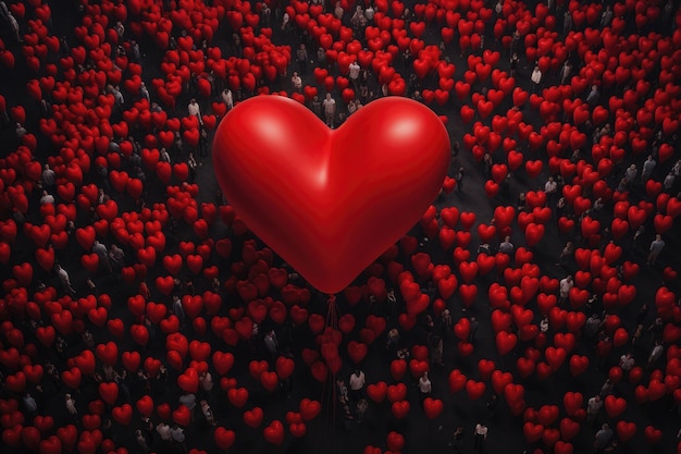 A red heart sits amidst a vibrant arrangement of red flowers portraying a powerful symbol of love and beauty View from above a sea of red love heart balloons in a crowd AI Generated