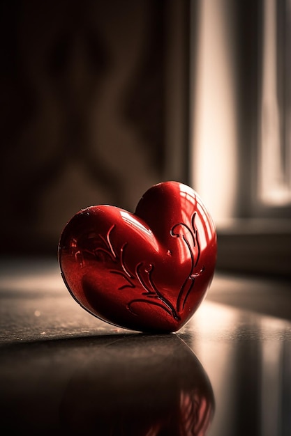 A red heart sits on a table in front of a window.