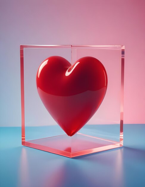 a red heart in a square glass container