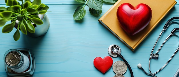 Photo a red heart and a stethoscape resting on an open book with scattered coins on a blurred backgroud