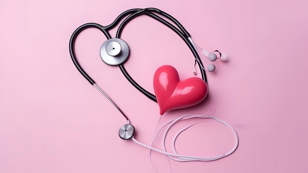 A red heart and a stethoscope are on a pink background.