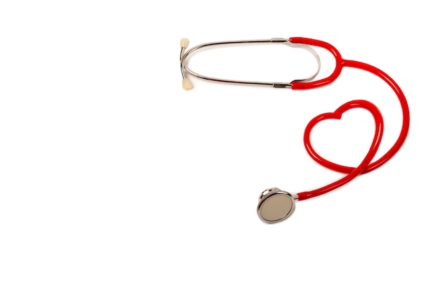 Red heart Stethoscope isolated on white with copy space Doctor object equipment supplies heart shape close up Medical and cardiology concept Studio shot Banner space mock up for adding text