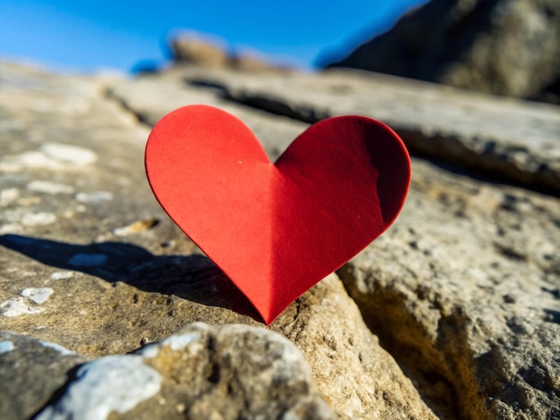 a red heart that is on a rock