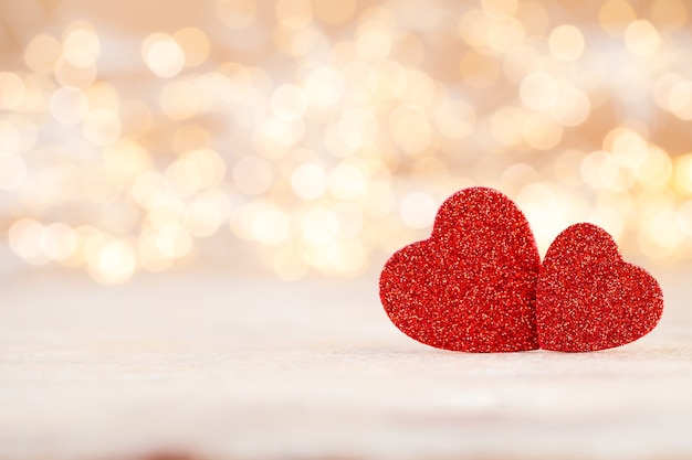 Red heart, valentine day greeting card. Bokeh background.