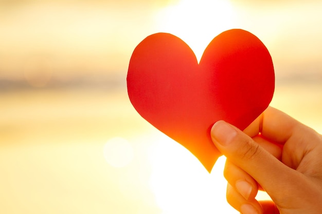 Red heart on white sand beach copyspace in the hand of a woman at sunset by the ocean.happy valentine's day and mother's day copy space