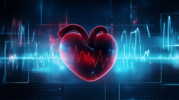 Red heart with an electrocardiogram ECG line running through it set against a futuristic blue background with glowing elements and data points