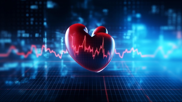 Red heart with an electrocardiogram ECG line running through it set against a futuristic blue background with glowing elements and data points