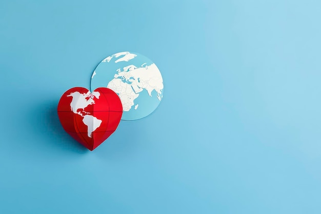 A red heart with a globe on it