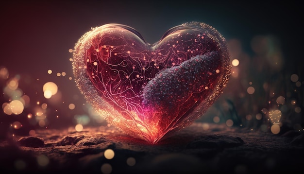 Red heart with particles and bokeh background