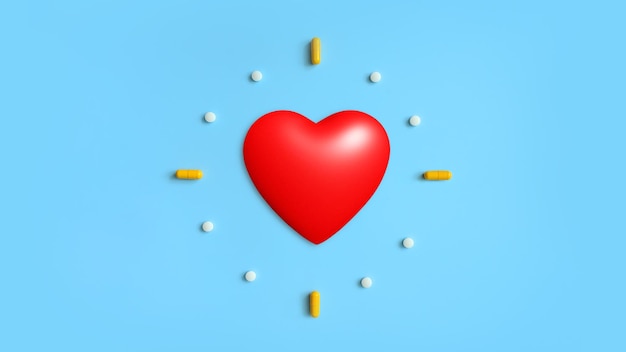 Red heart with pills medical capsules on blue background