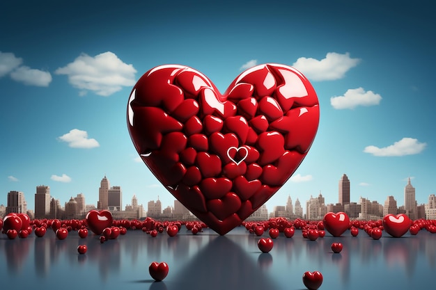 Red heart with reflection on of the metropolis and blue sky background Generative AI