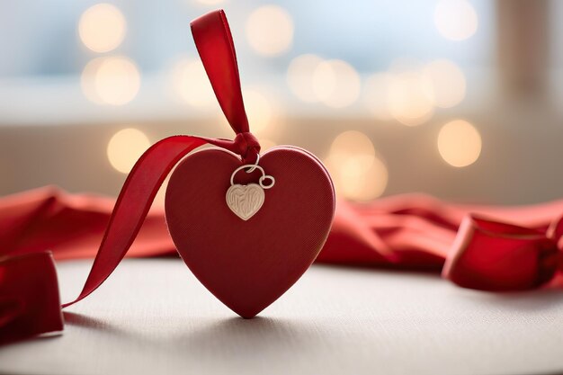 a red heart with a ribbon attached to it in the style of romantic sensibility eyecatching tags