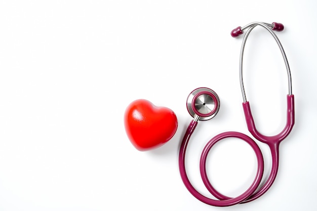 Red heart with stethoscope on white background Selective focusHealth and Medical concept