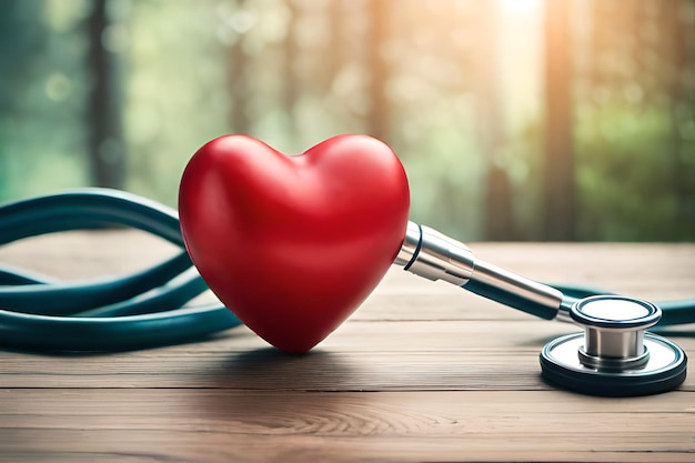 A red heart with a stethoscope on a wooden table