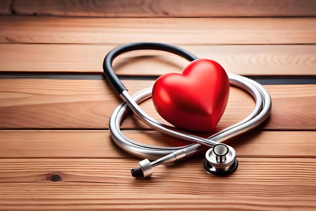 A red heart with a stethoscope on a wooden table