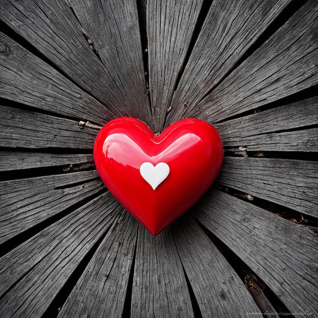 a red heart with a white heart on a wooden background