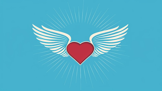 Photo a red heart with white wings and a sunburst behind it on a blue background