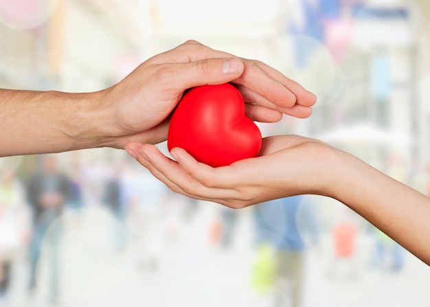 Red heart in woman and man hands, on green background