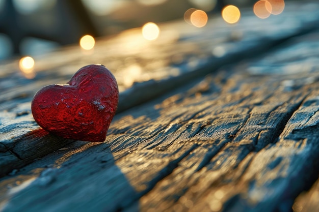 Red heart on wood with light on background