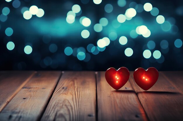 red hearts on the desk beside red light on a dark wooden table in the style of bokeh art