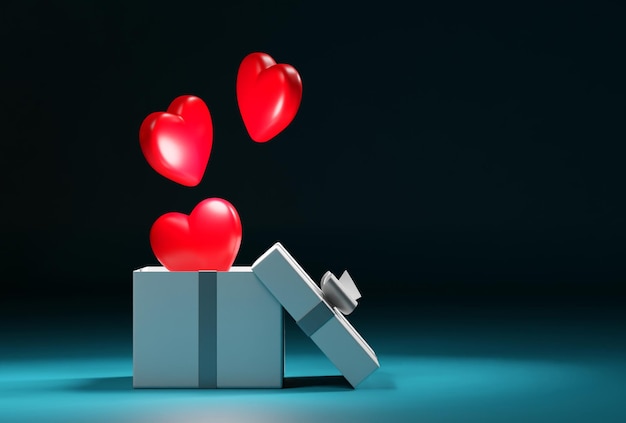 Red hearts floating out from gift box with copy space