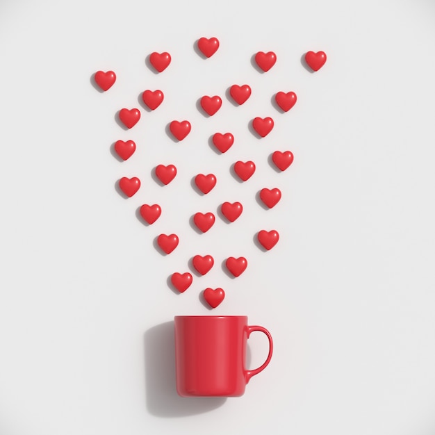 Red hearts shape with red mug on blue background. minimal valentine concept idea.