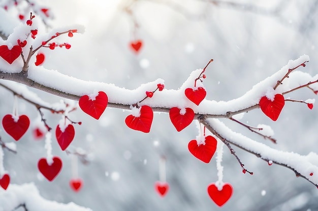 Red hearts on snowy tree branch in winter Holidays happy valentines day celebration heart love concept