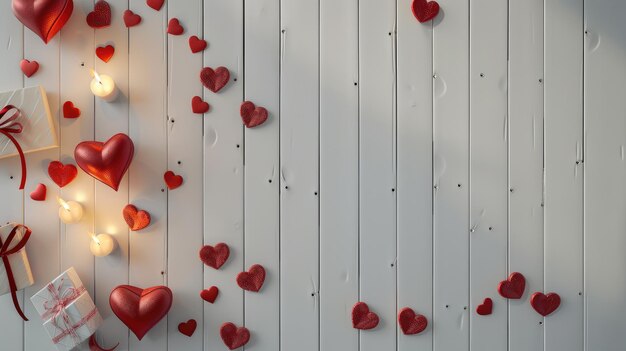 Photo red hearts on a white background with a white wooden background