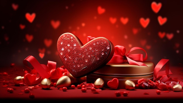 red hearts with gift box and ribbon on red background