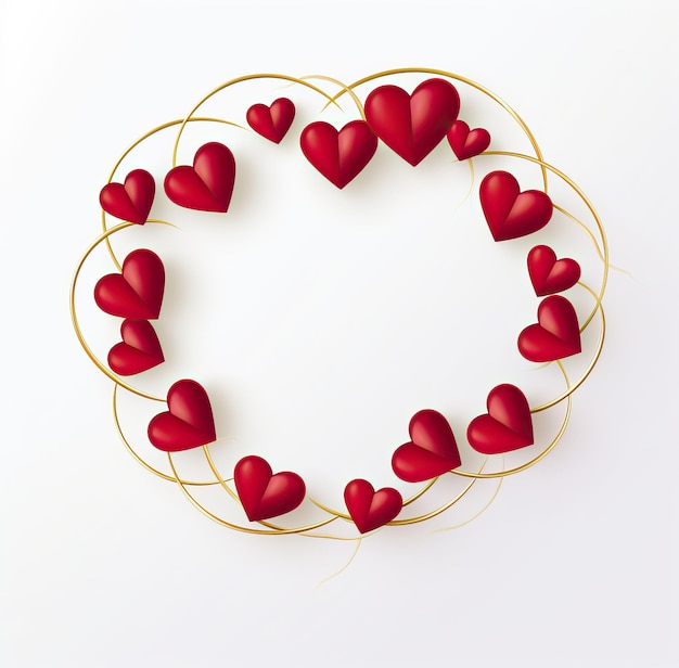 red hearts with golden wire wreath in circle frame on pale white background in the style of fluid