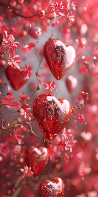 A red heartshaped balloon hanging on a cherry blossom tree