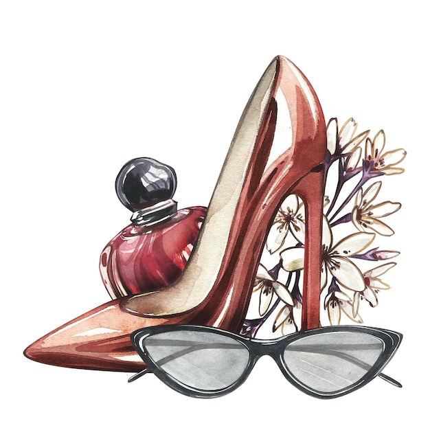 Red heeled shoe glass perfume sunglasses flowers isolated on white watercolor hand draw illustration