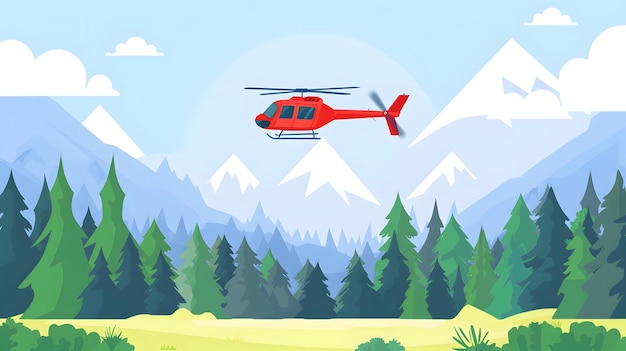 Photo red helicopter flying over mountains and forest