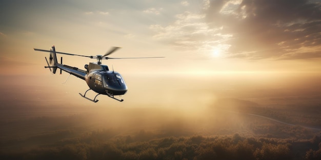 Red helicopter Robinson R44 flies in the blue sky