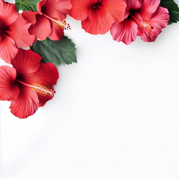 A red hibiscus flower is placed on a white background.