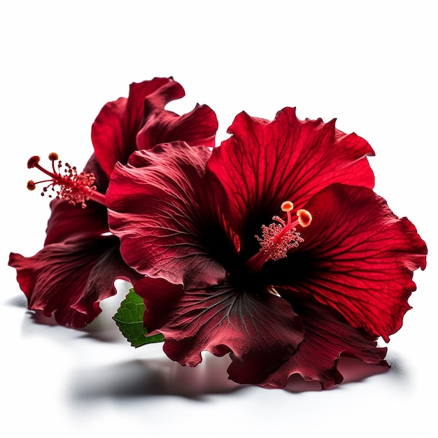 A red hibiscus flower is on a white background.