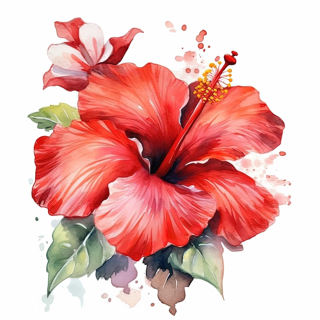 Red hibiscus flower watercolor Illustration AI GenerativexA