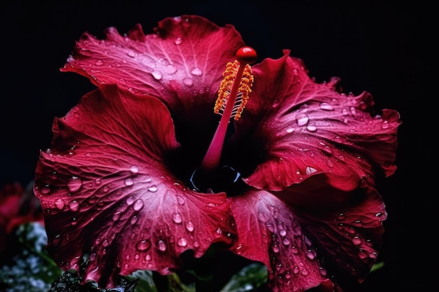 A red hibiscus flower with rain drops on it