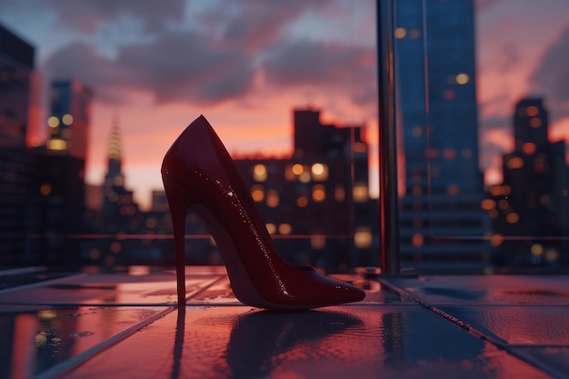 Photo a red high heel shoe sits on a ledge in front of a building