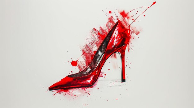 Photo red high heel shoe with paint splatter on white background