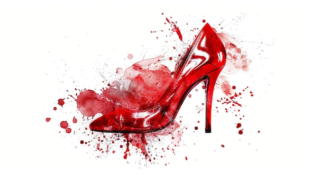 Photo red high heel shoe with watercolor splatters on a white background