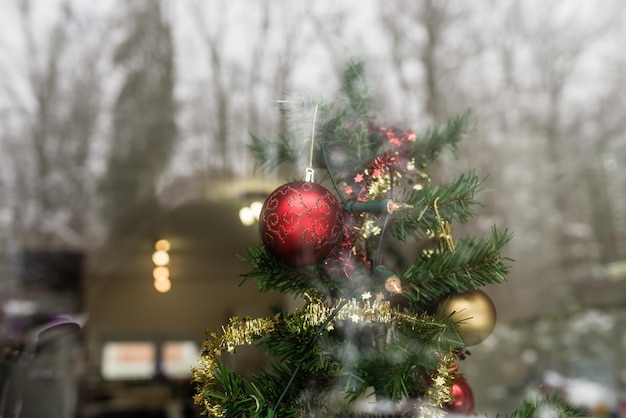 Red holiday bauble ornament hanging on a Christmas tree seen through a window with outside vegetation reflecting in the glass