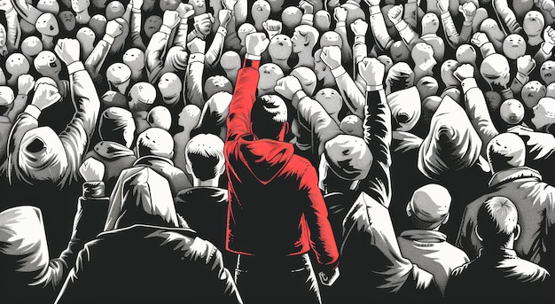 Photo red hoodie individual leading a crowd of grey people all raising fists in unity