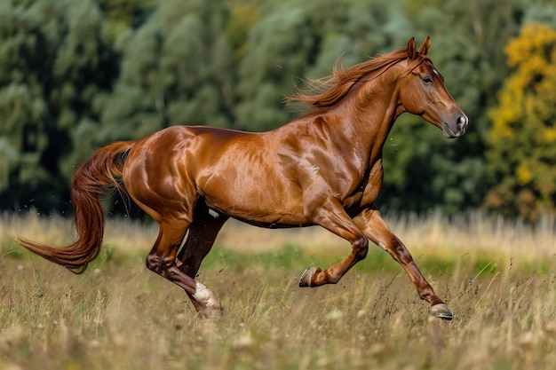 Photo red horse run fast on spring meadow