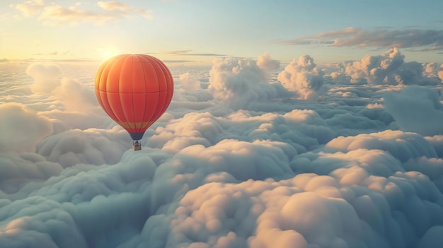 a red hot air balloon flying above the clouds with the sun setting behind it