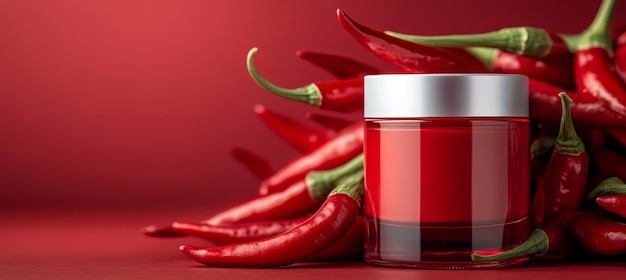 Photo red hot beauty cosmetic jar with chili peppers symbolizing skin care and natural ingredients