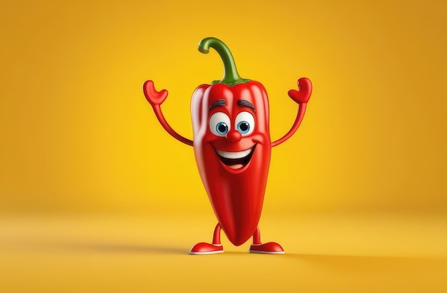 Photo red hot bell pepper with smiling grimace on yellow backdrop funny healthy nutrition illustration