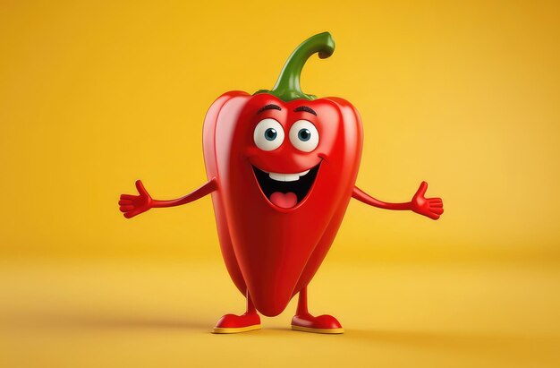 Photo red hot bell pepper with smiling grimace on yellow backdrop funny healthy nutrition illustration