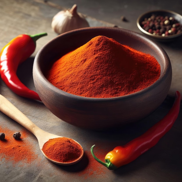 red hot chili pepper and spices on wooden bowl ingredient background