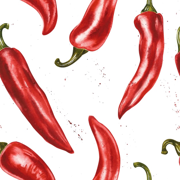 Red hot chili pepper whole pods set hand drawn watercolor illustration isolated on white background